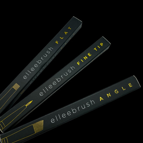 Elleebana ElleeBRUSH Trilogy Set: Angle, Fine, and Flat Tip brushes for precise brow and lash applications.